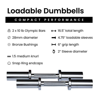Barbell Standard Loadable Dumbbell Bars - Pair