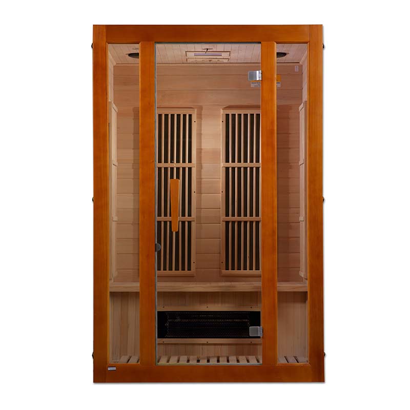 Maxxus Aspen Dual Tech 2 Person Far Infrared Sauna featuring a wooden exterior and interior design with glass doors.