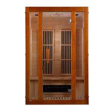 Maxxus Aspen Dual Tech 2 Person Far Infrared Sauna featuring a wooden exterior and interior design with glass doors.