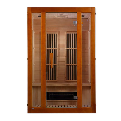 Maxxus Aspen Dual Tech 2 Person Far Infrared Sauna featuring a wooden exterior and interior design with glass doors.