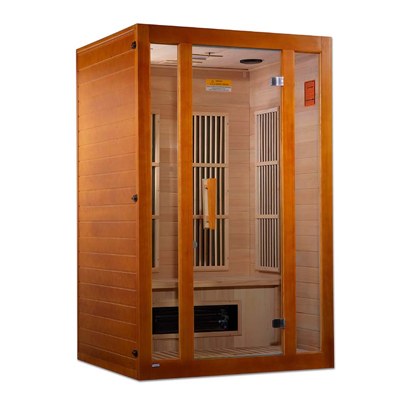 Maxxus Aspen Dual Tech 2 Person Far Infrared Sauna featuring a wooden exterior, large glass front, and interior seating.