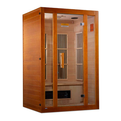 Maxxus Aspen Dual Tech 2 Person Far Infrared Sauna featuring a wooden exterior, large glass front, and interior seating.