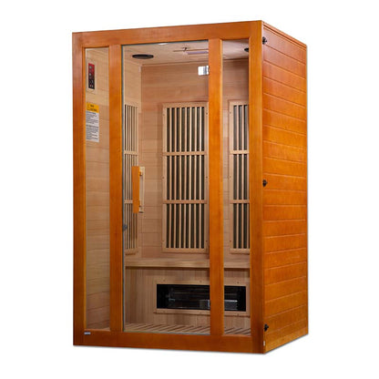 Maxxus Aspen Dual Tech 2 Person Far Infrared Sauna featuring wooden construction and dual heating technology, designed for relaxation and wellness.