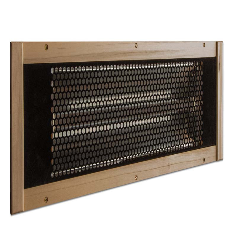 Close-up view of the heating panel in the Maxxus Alpine Dual Tech 3 Person Far Infrared Sauna, showcasing its perforated design and wooden frame.