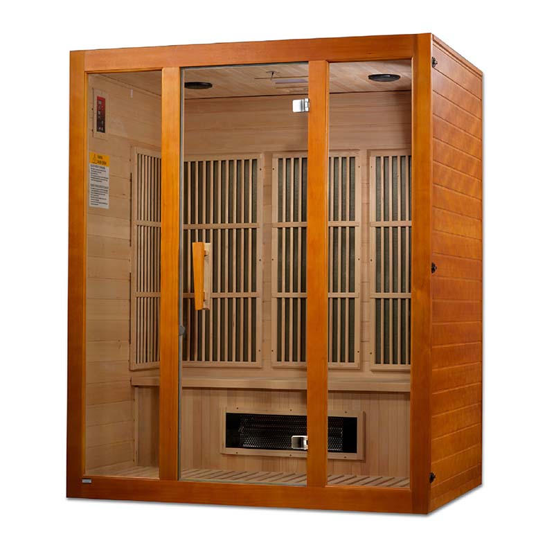 Maxxus Alpine Dual Tech 3 Person Far Infrared Sauna featuring a wooden exterior and glass door, designed for relaxation and wellness.