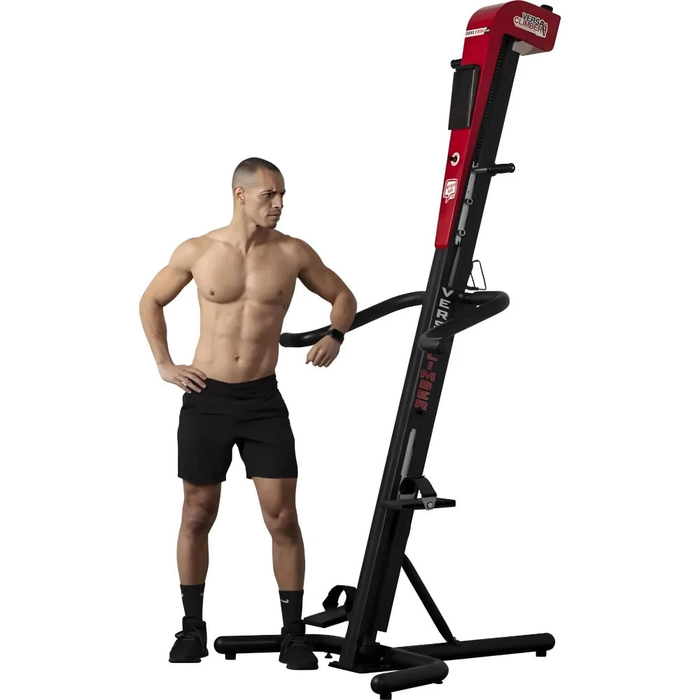 VersaClimber TS Magnetic – man standing next to red climber presenting professional-grade vertical cardio machine