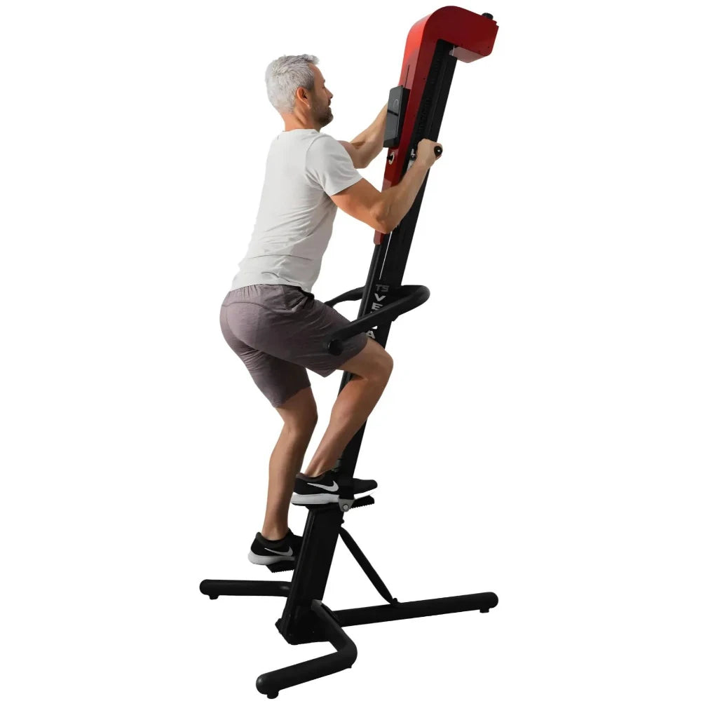 VersaClimber TS Magnetic – man using red climber side view highlighting natural vertical climbing motion