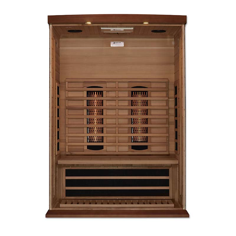 Interior view of the Maxxus 2 Person Full Spectrum Infrared Sauna, featuring wooden panels, infrared heating elements, and seating area.