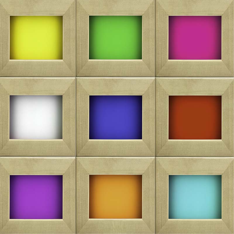 Colorful squares in wooden frames, representing relaxation and wellness, featuring the Maxxus 2 Person Full Spectrum Infrared Sauna.