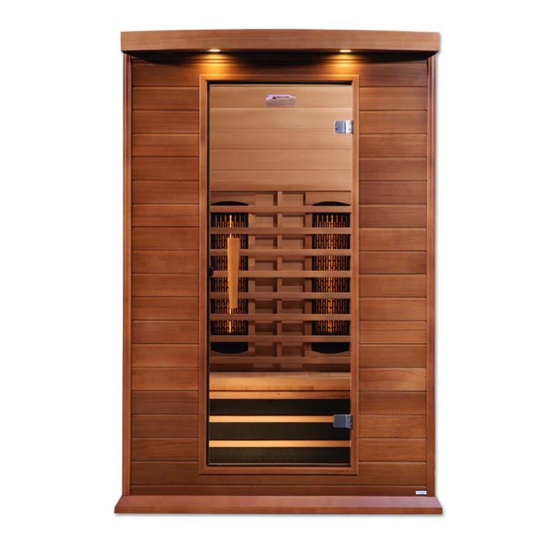 Maxxus 2 Person Full Spectrum Infrared Sauna with wooden exterior and glass door.