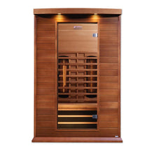 Maxxus 2 Person Full Spectrum Infrared Sauna with wooden exterior and glass door.