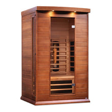 Maxxus 2 Person Full Spectrum Infrared Sauna showcasing a wooden exterior with a glass door and interior seating.
