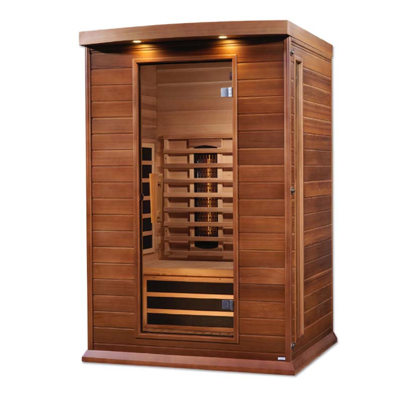 Maxxus 2 Person Full Spectrum Infrared Sauna with wooden exterior and glass door, showcasing the interior design.