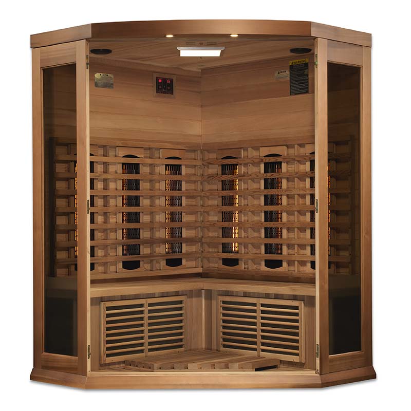 Maxxus 3 Person Full Spectrum Infrared Corner Sauna featuring a wooden interior with infrared heating panels and a spacious design for comfort.
