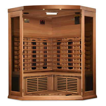 Maxxus 3 Person Full Spectrum Infrared Corner Sauna featuring a wooden interior with infrared heating panels and a spacious design for comfort.