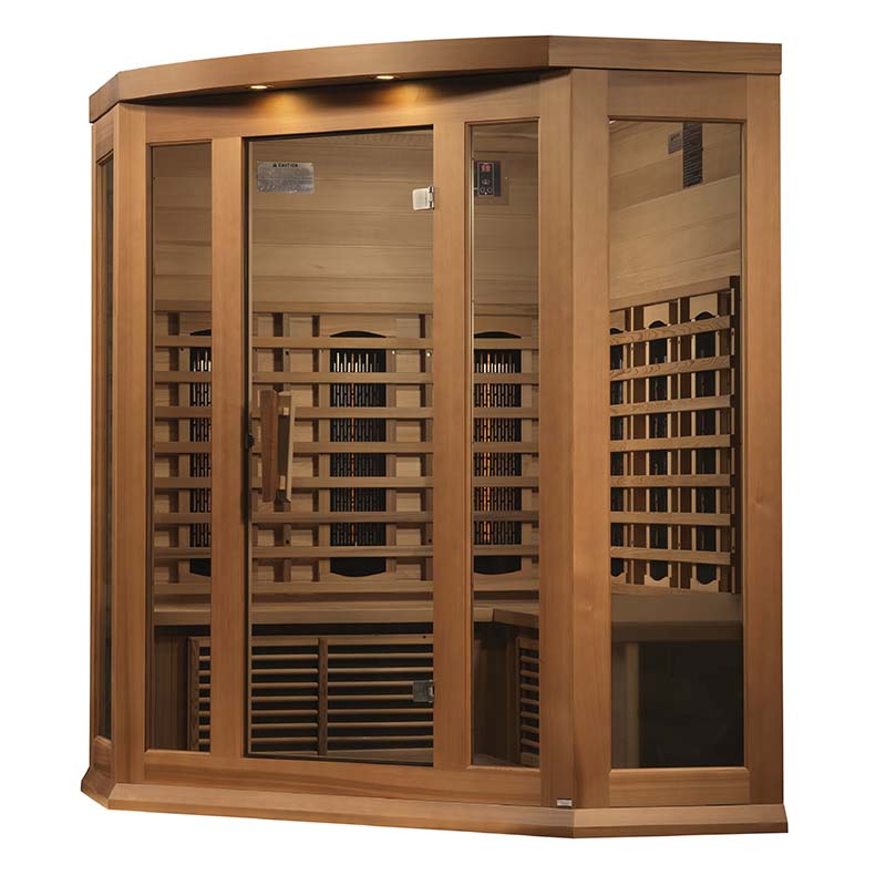 Maxxus 3 Person Full Spectrum Infrared Corner Sauna featuring a wooden exterior with glass panels and a spacious interior design.