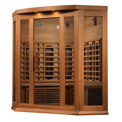 Maxxus 3 Person Full Spectrum Infrared Corner Sauna featuring a wooden exterior with glass panels and a spacious interior design.