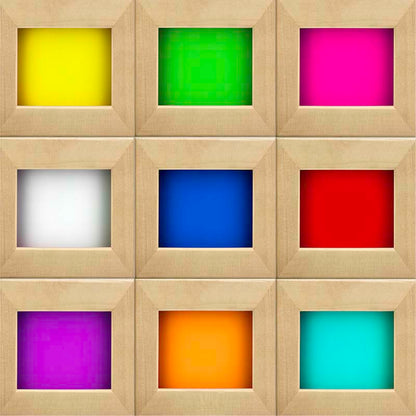 Colorful square frames in a grid, showcasing various hues, representing the Maxxus 3 Person Full Spectrum Infrared Corner Sauna.