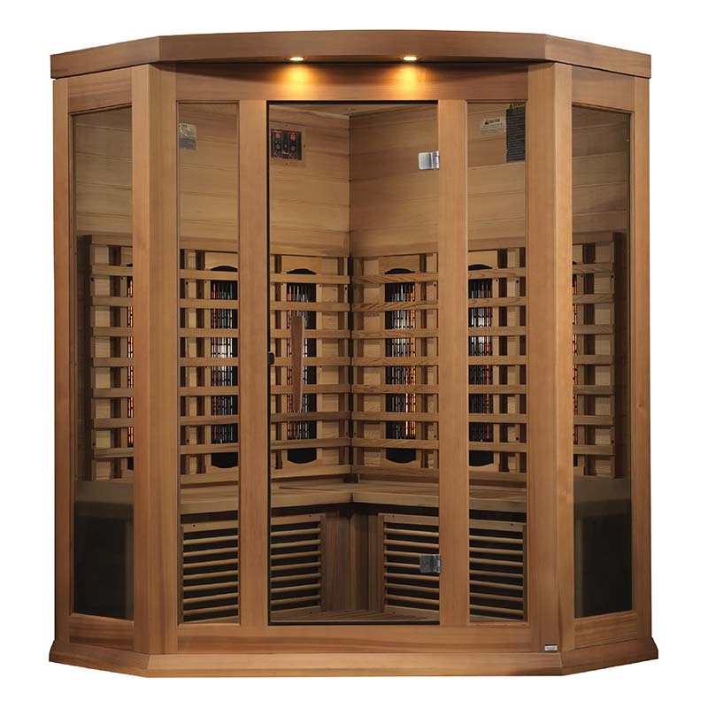 Maxxus 3 Person Full Spectrum Infrared Corner Sauna featuring a wooden design with glass doors and interior heating elements.