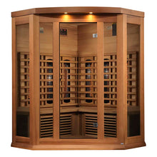 Maxxus 3 Person Full Spectrum Infrared Corner Sauna featuring a wooden design with glass doors and interior heating elements.