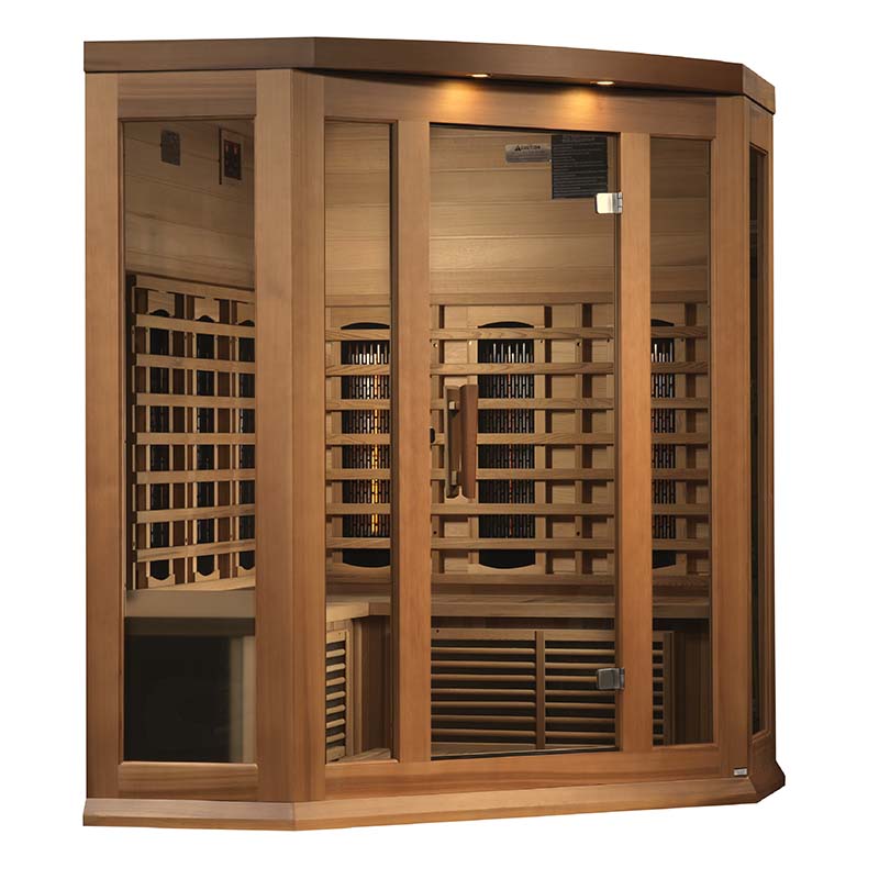 Maxxus 3 Person Full Spectrum Infrared Corner Sauna with wooden frame and glass doors, featuring a spacious interior and built-in heating elements.