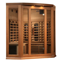 Maxxus 3 Person Full Spectrum Infrared Corner Sauna with wooden frame and glass doors, featuring a spacious interior and built-in heating elements.