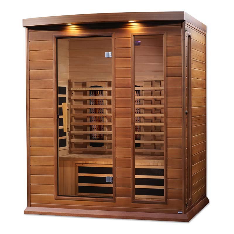 Maxxus 3 Person Full Spectrum Infrared Sauna featuring a wooden exterior with glass doors, showcasing the interior seating and infrared heaters.