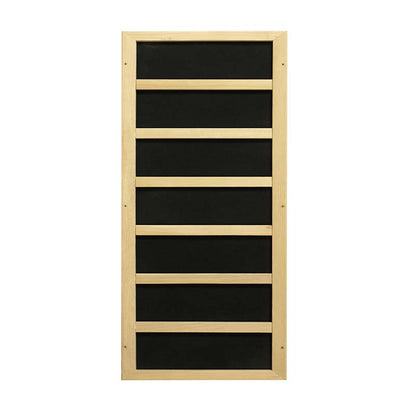 Maxxus 3 Person Full Spectrum Infrared Sauna wooden panel with black interior and horizontal slats.