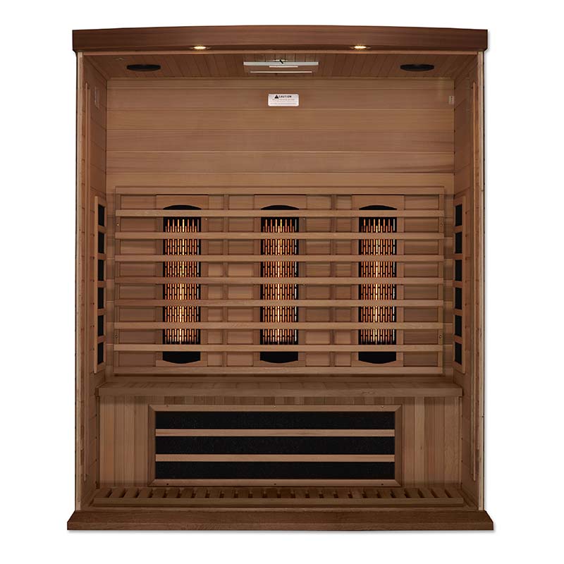 Interior view of the Maxxus 3 Person Full Spectrum Infrared Sauna featuring wooden benches and infrared heating panels.