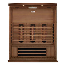 Interior view of the Maxxus 3 Person Full Spectrum Infrared Sauna featuring wooden benches and infrared heating panels.