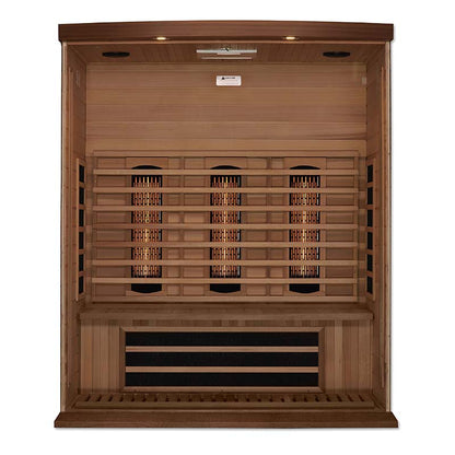 Interior view of the Maxxus 3 Person Full Spectrum Infrared Sauna featuring wooden benches and infrared heating panels.