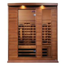 Maxxus 3 Person Full Spectrum Infrared Sauna featuring a wooden exterior and large glass doors, showcasing the interior design and heating elements.