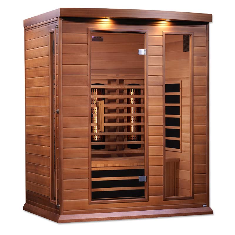 Maxxus 3 Person Full Spectrum Infrared Sauna featuring a wooden exterior, glass door, and interior heating elements.