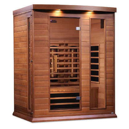 Maxxus 3 Person Full Spectrum Infrared Sauna featuring a wooden exterior, glass door, and interior heating elements.