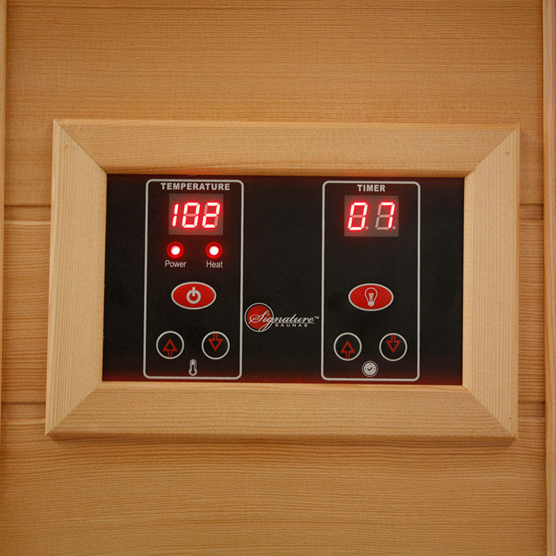 Control panel of the Maxxus MX-K206-01 Far Infrared Sauna displaying temperature at 182°F and timer at 0.7 hours.