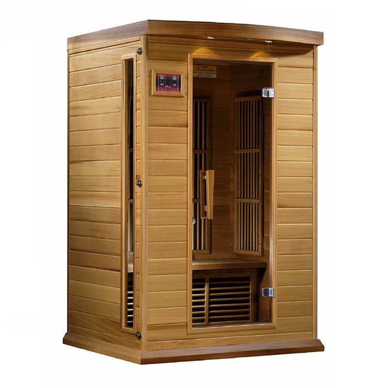 Maxxus MX-K206-01 Far Infrared Sauna featuring a wooden exterior and a door opening to the interior seating area.