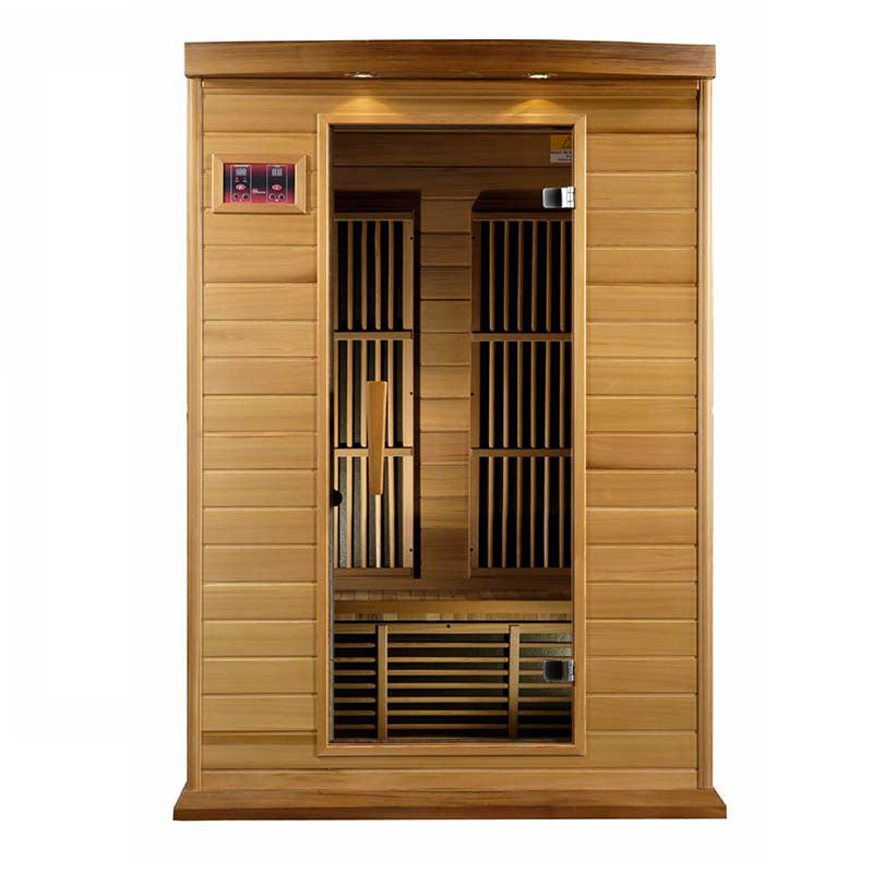 Maxxus MX-K206-01 Far Infrared Sauna with a wooden exterior and glass door, showcasing the interior seating and control panel.