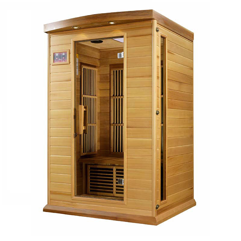 Maxxus MX-K206-01 Far Infrared Sauna, a wooden sauna with a glass door and interior seating, designed for relaxation and wellness.