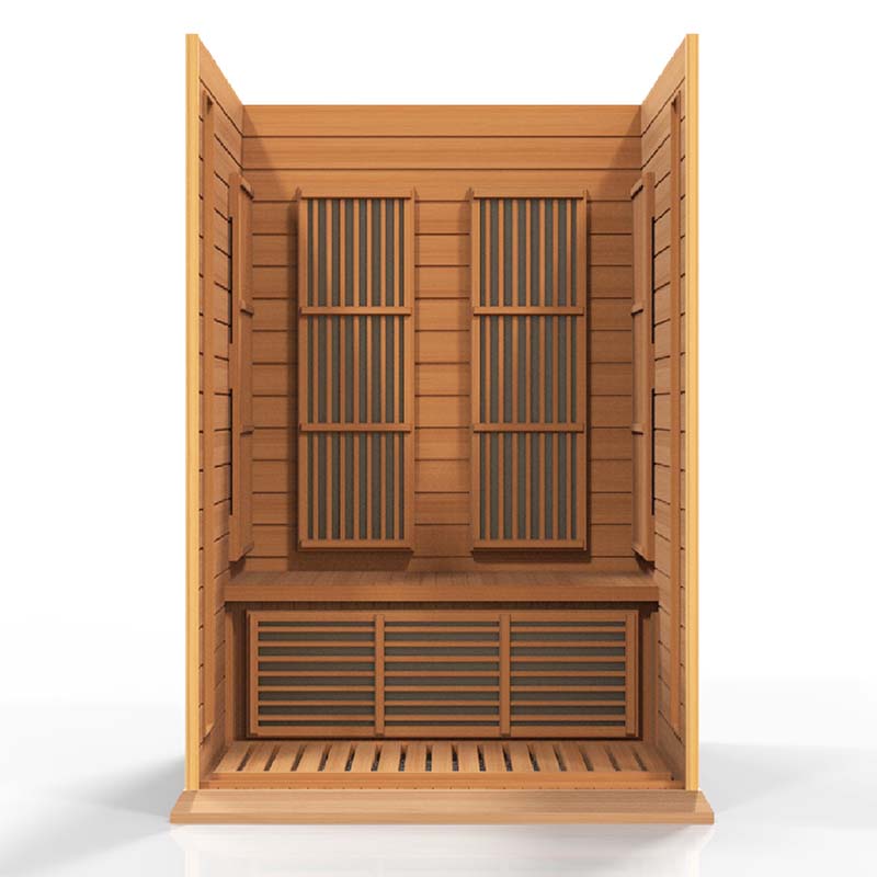Maxxus MX-K206-01 Far Infrared Sauna interior view showcasing wooden paneling and seating area.
