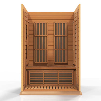 Maxxus MX-K206-01 Far Infrared Sauna interior view showcasing wooden paneling and seating area.