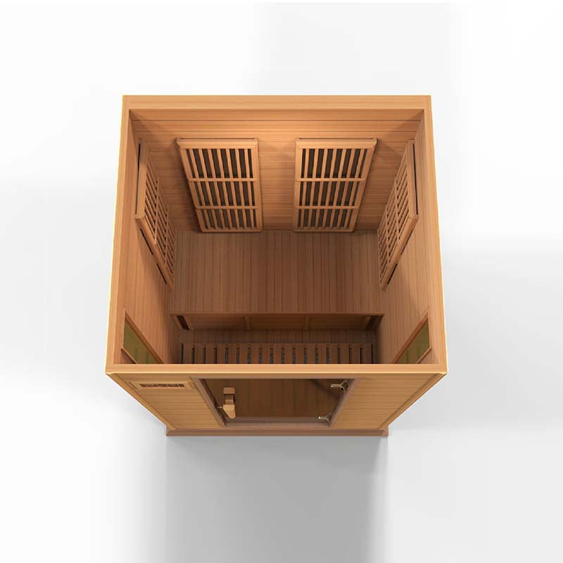 Top view of the Maxxus MX-K206-01 Far Infrared Sauna, showcasing its wooden interior, seating area, and ventilation slats.