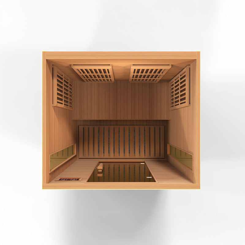Interior view of the Maxxus MX-K206-01 Far Infrared Sauna showcasing the seating area and heating panels.