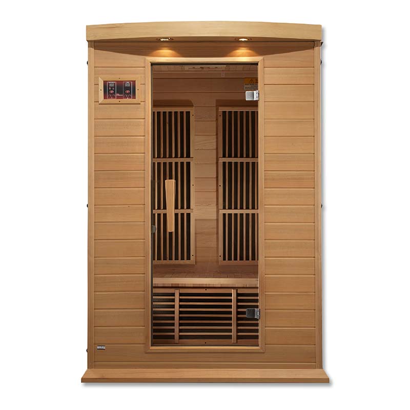 Maxxus MX-K206-01 Far Infrared Sauna featuring a wooden exterior, glass door, and interior seating with wooden slats.