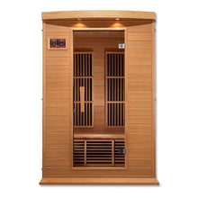 Maxxus MX-K206-01 Far Infrared Sauna featuring a wooden exterior, glass door, and interior seating with wooden slats.
