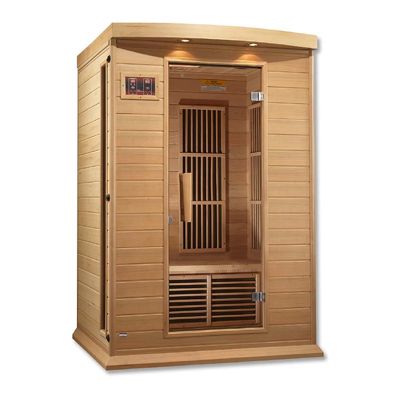 Maxxus MX-K206-01 Far Infrared Sauna featuring a wooden exterior and an open door, showcasing the interior seating and control panel.