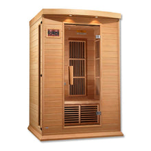 Maxxus MX-K206-01 Far Infrared Sauna featuring a wooden exterior and an open door, showcasing the interior seating and control panel.