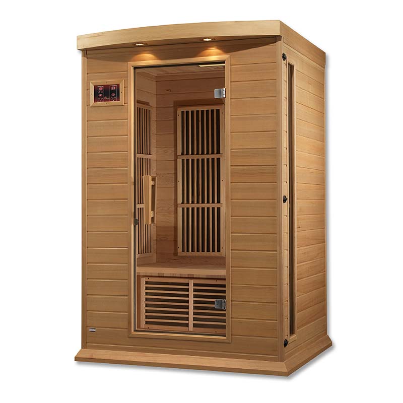 Maxxus MX-K206-01 Far Infrared Sauna featuring a wooden exterior and interior design, with an open door showcasing the seating area inside.