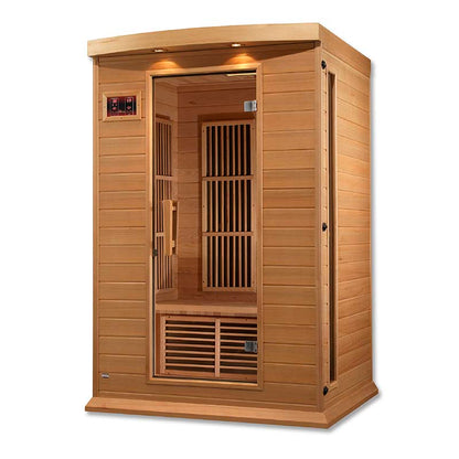 Maxxus MX-K206-01 Far Infrared Sauna featuring a wooden exterior and interior design, with an open door showcasing the seating area inside.
