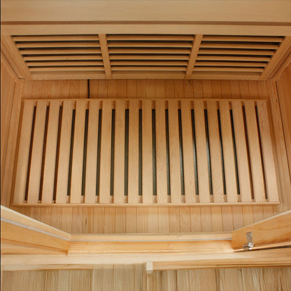 Interior view of the Maxxus MX-K206-01 Far Infrared Sauna, showcasing wooden slatted benches and walls.