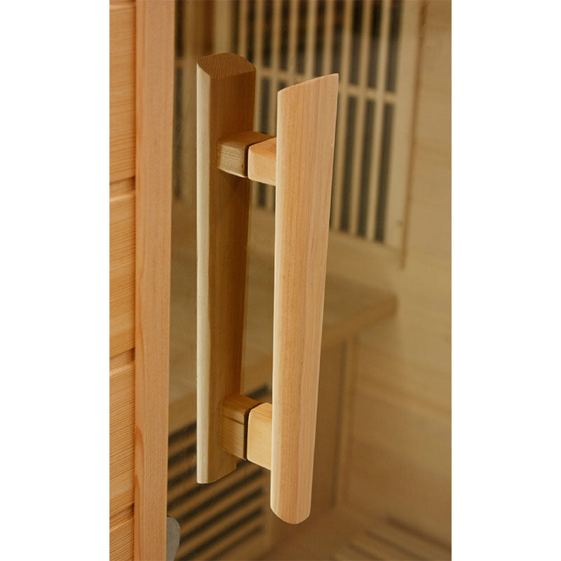 Close-up of the wooden handle of the Maxxus MX-K206-01 Far Infrared Sauna, showcasing its design and craftsmanship.